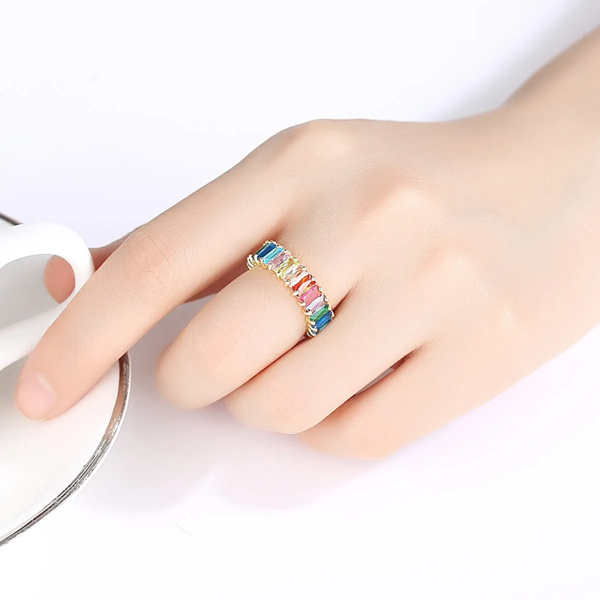 Blue Rainbow Crystal & 18K Gold-Plated Band Ring