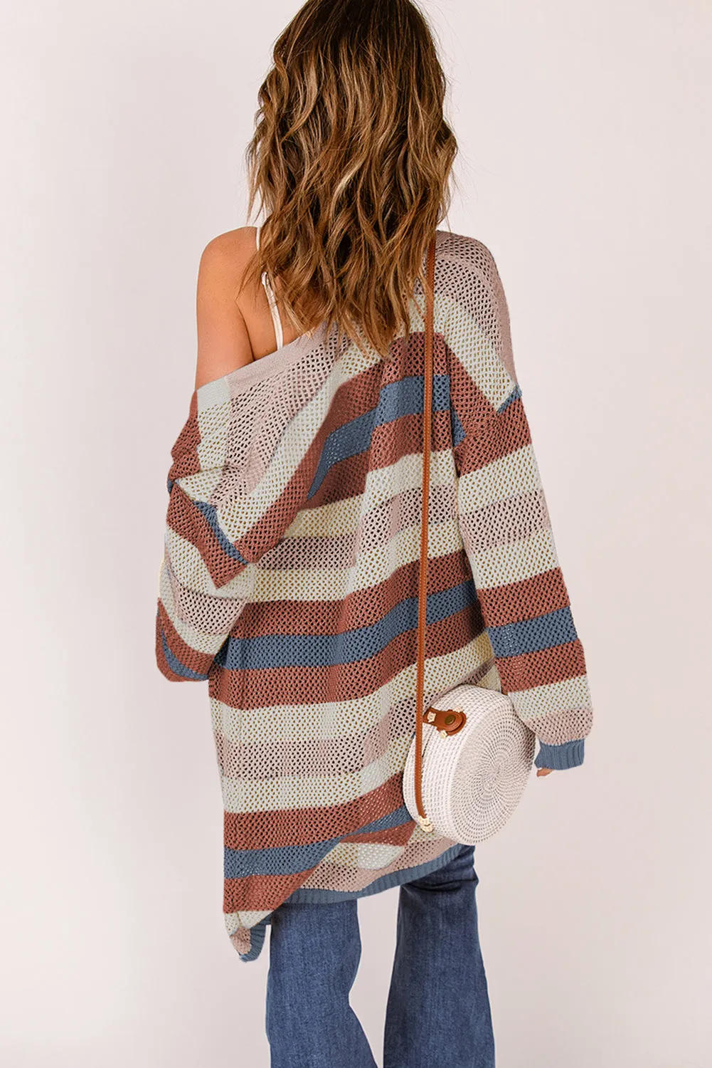 Blue Striped Color Block Hollowed Knit Cardigan