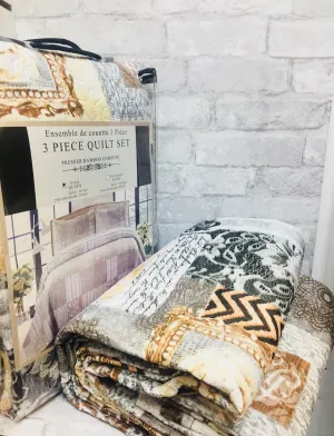 Brand new Premier Bamboo Comfort 3 Piece Quilt Set! Fits Double/Queen! Black, Cream, White Print!