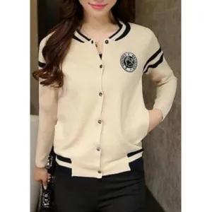 Brief Stand Collar Applique Long Sleeve Cardigan For Women - Off-white L