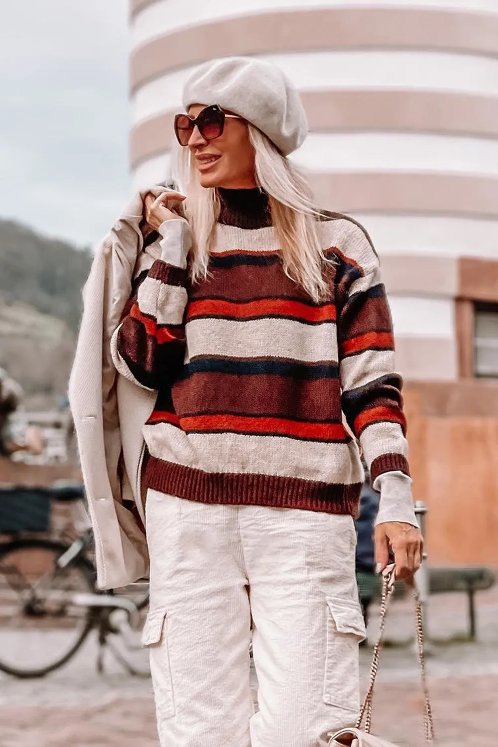 Brown Striped Knit Ribbed High Neck Sweater