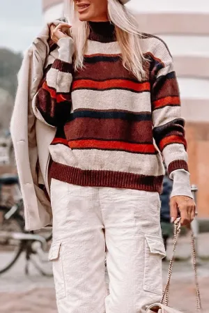 Brown Striped Knit Ribbed High Neck Sweater