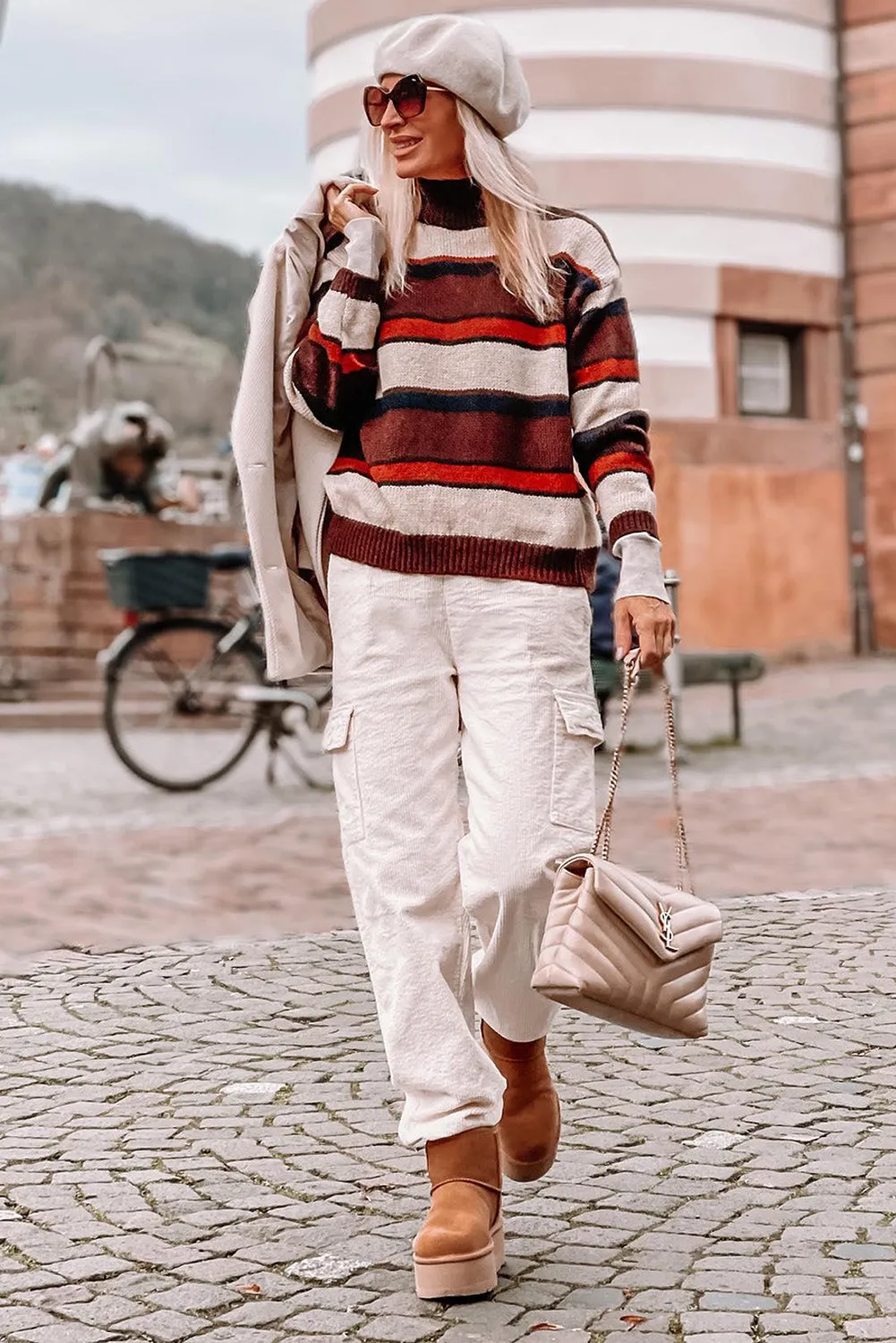 Brown Striped Knit Ribbed High Neck Sweater