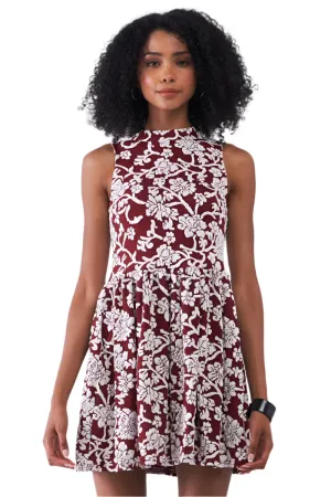 Burgundy & White Floral Crew Neck Sleeveless Fitted Mini Dress