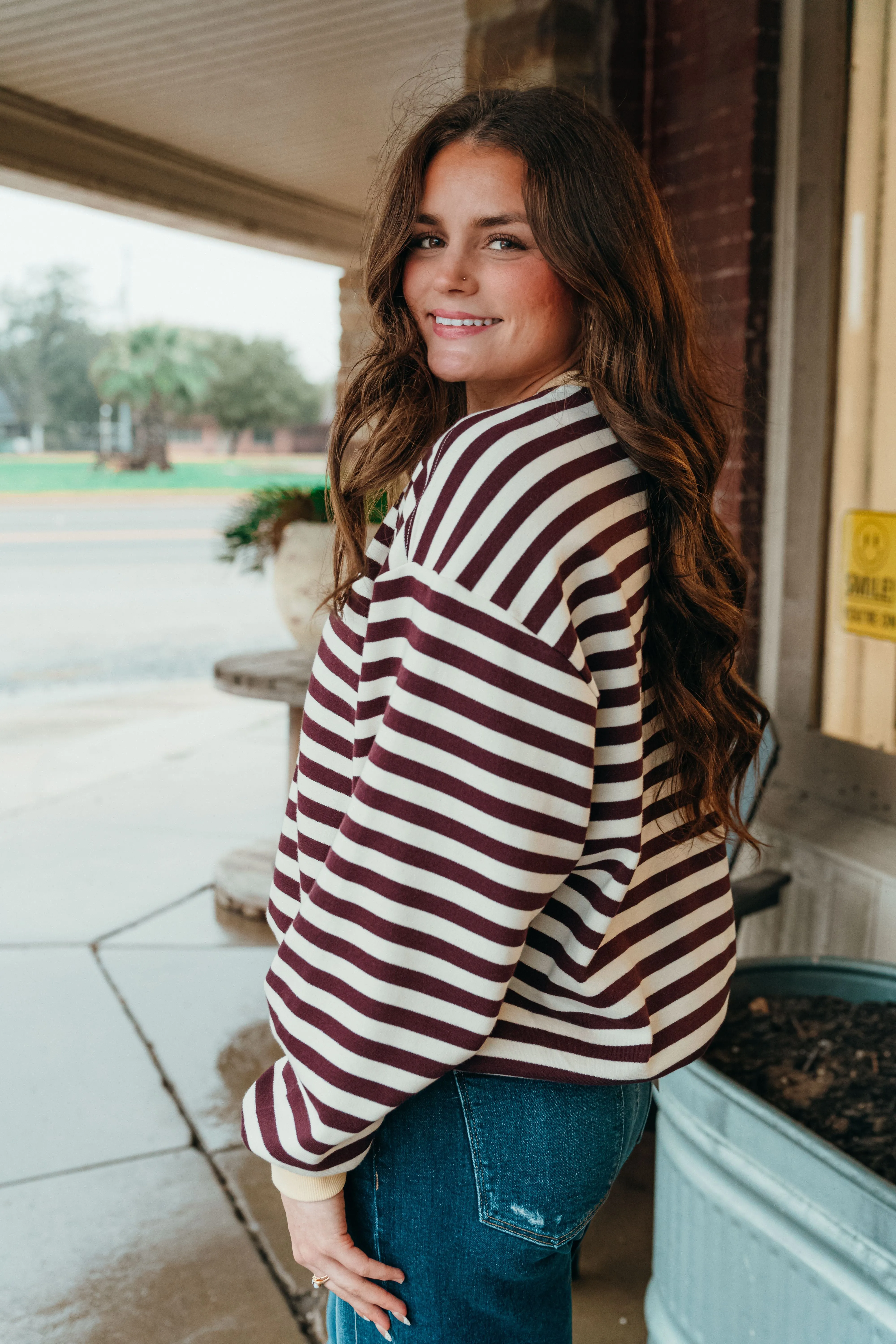 Butter Oversized Striped Crewneck Long Sleeve Top TBT13532