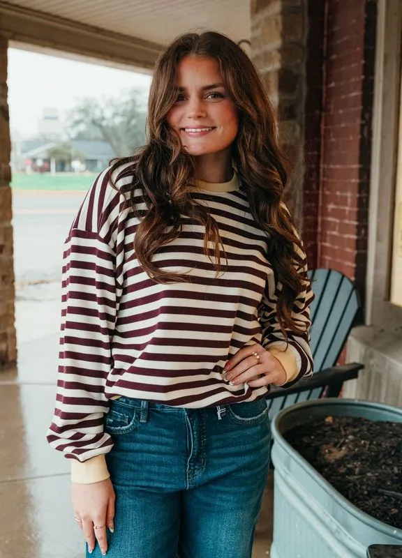 Butter Oversized Striped Crewneck Long Sleeve Top TBT13532