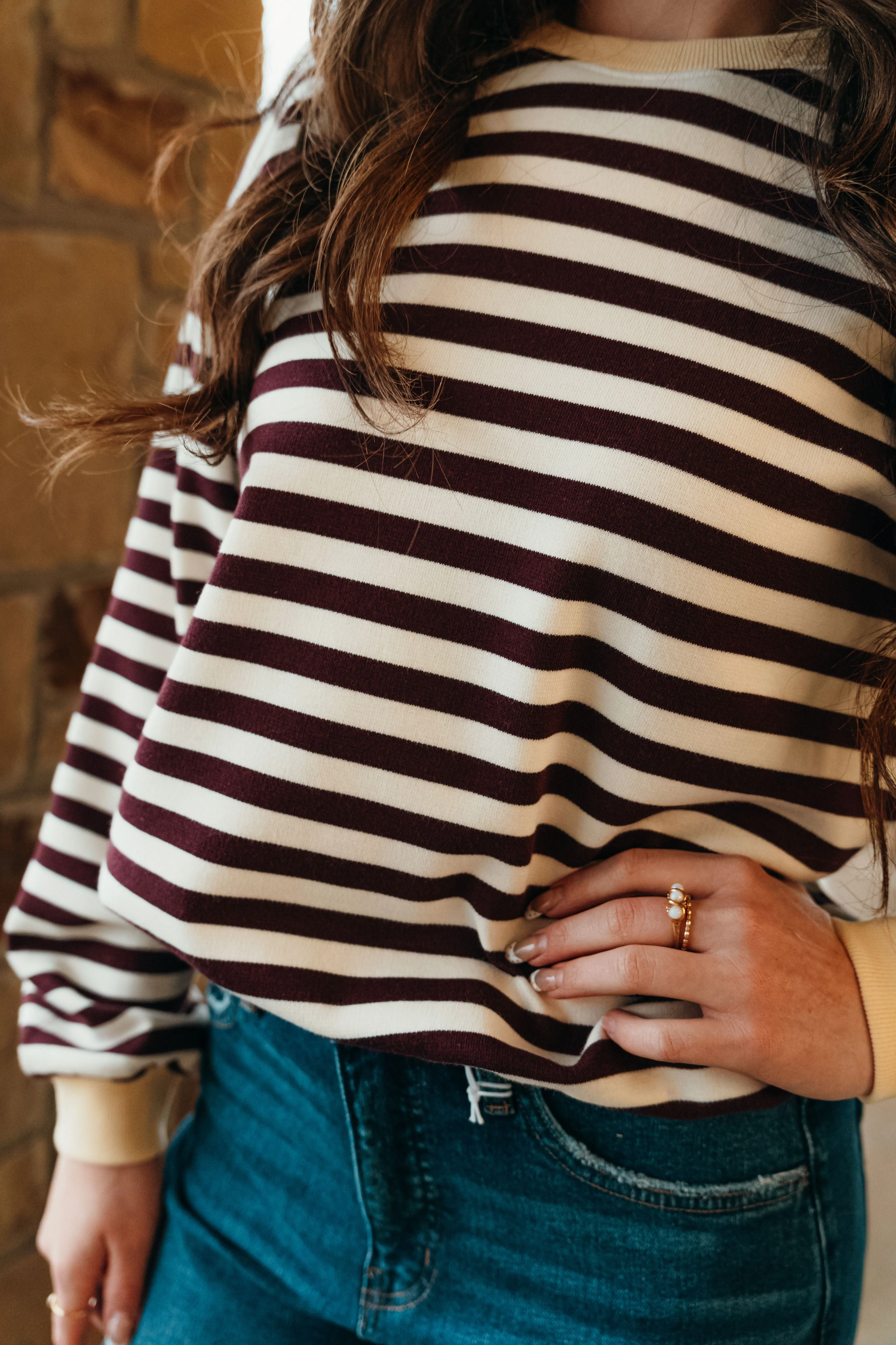Butter Oversized Striped Crewneck Long Sleeve Top TBT13532