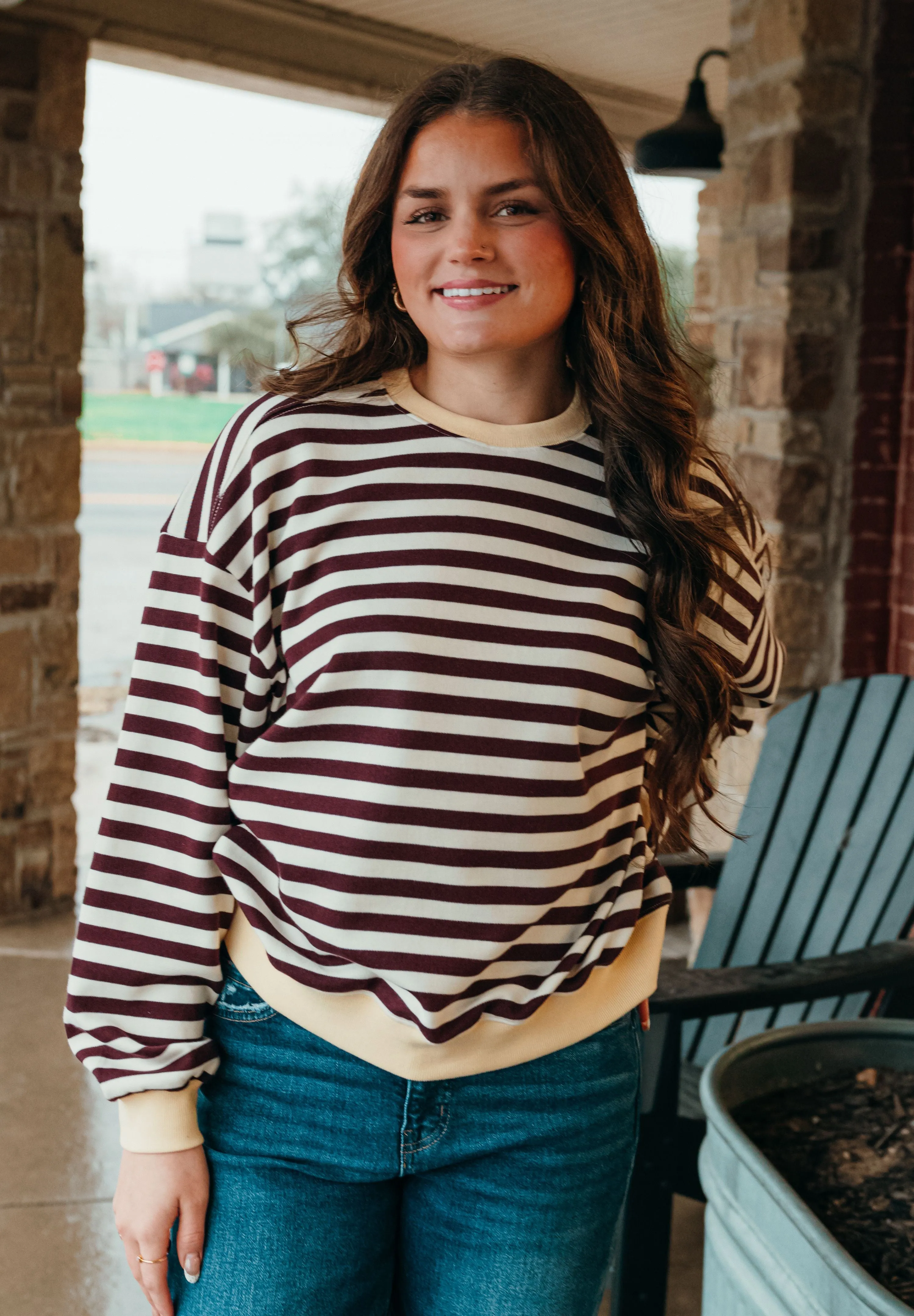 Butter Oversized Striped Crewneck Long Sleeve Top TBT13532
