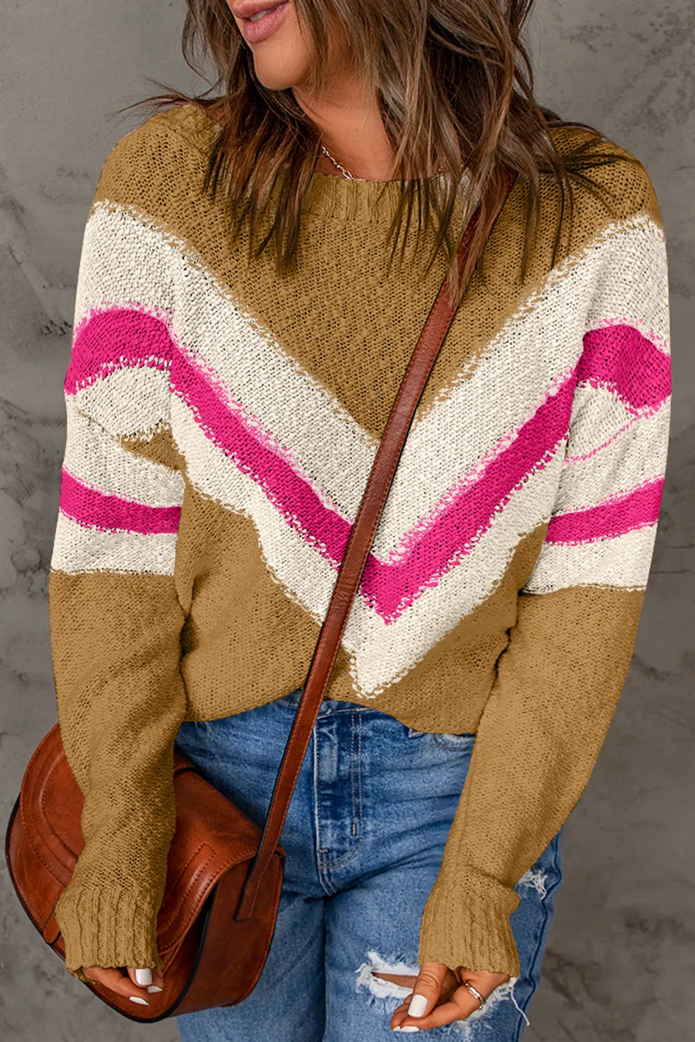 Camel Chevron Striped Drop Shoulder Sweater