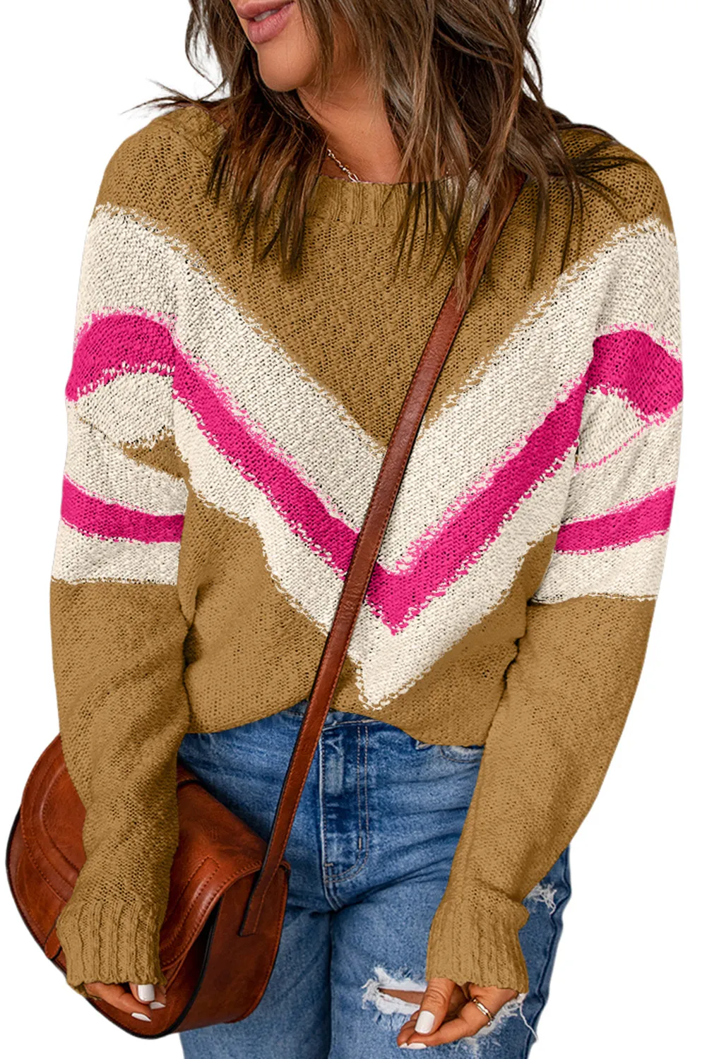 Camel Chevron Striped Drop Shoulder Sweater