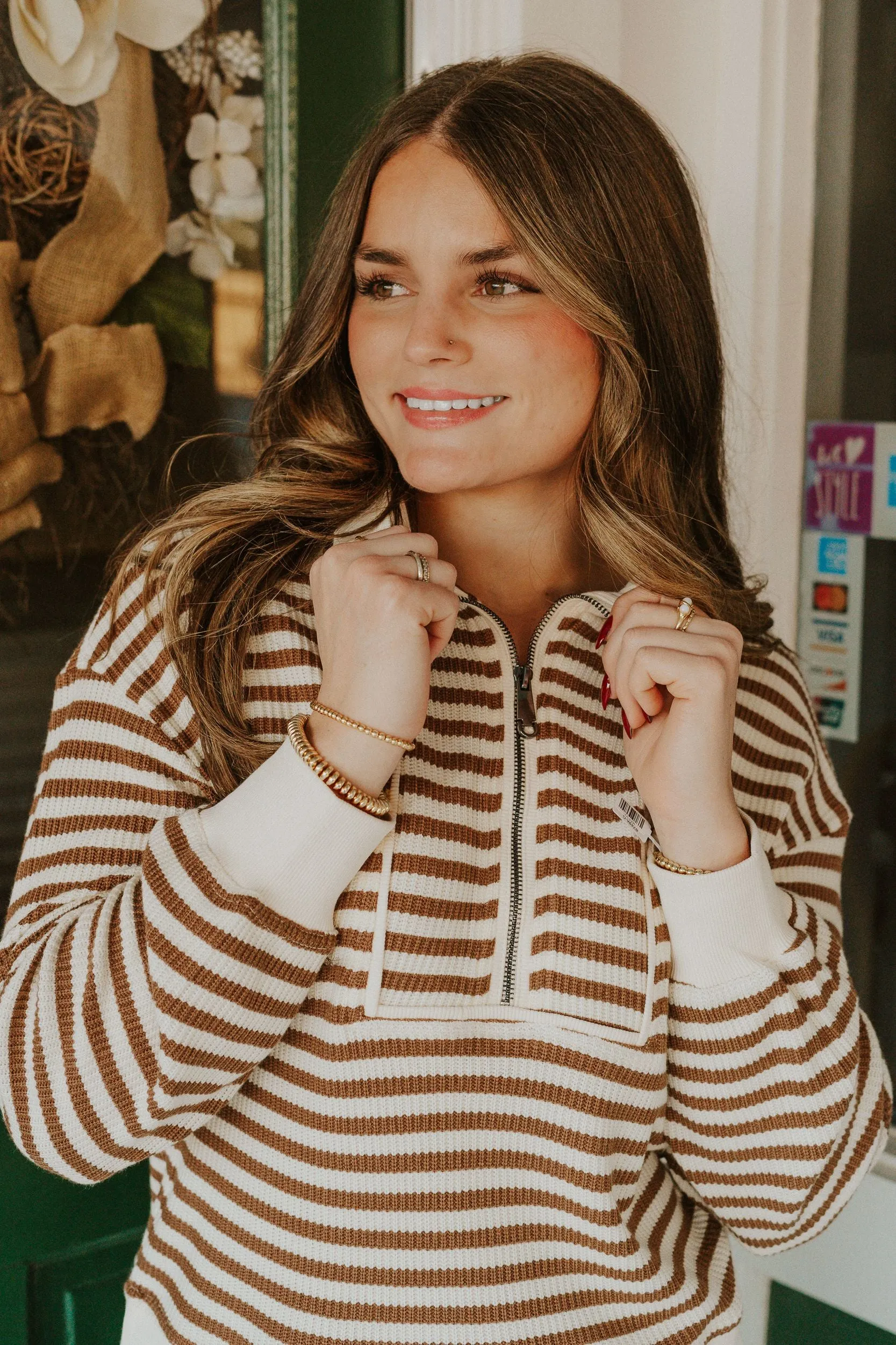 Camel Striped 1/2 Zip Pullover T25405