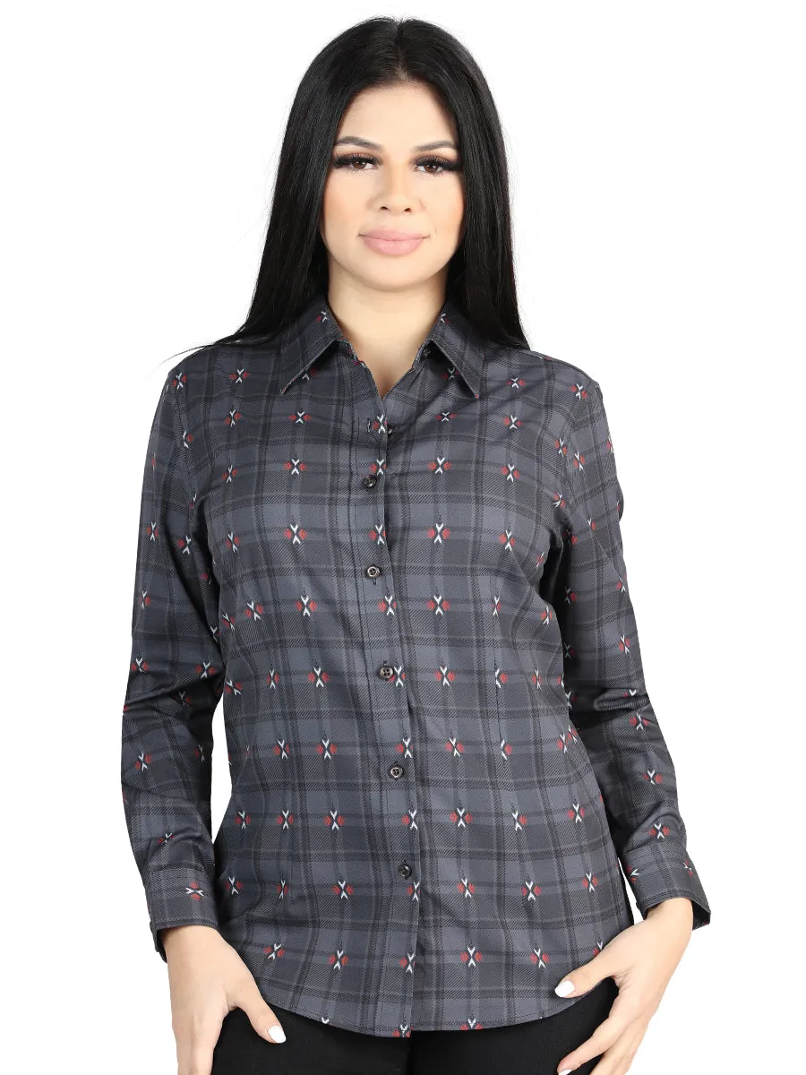 Camisa Vaquera Manga Larga Estampada Cuadros Gris/Cafe para Mujer 'El Señor de los Cielos' - ID: 44725