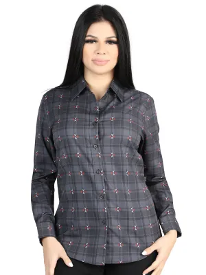 Camisa Vaquera Manga Larga Estampada Cuadros Gris/Cafe para Mujer 'El Señor de los Cielos' - ID: 44725