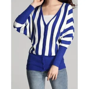 Casual V-Neck Striped Single-Breasted Long Sleeve Cardigan For Women - Blue And White One Size(fit Size Xs To M)