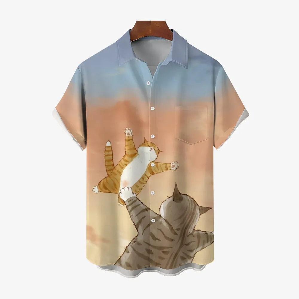 Cat Cartoon Print Casual Large Size Short Sleeve Shirt 2407000457