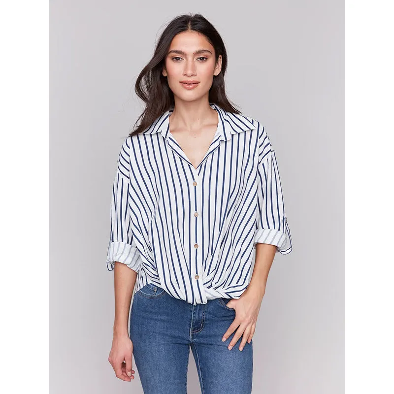 Charlie B Striped Roll Up Long Sleeve Blouse