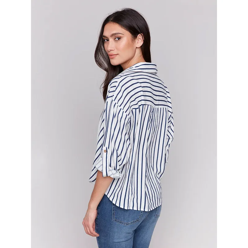 Charlie B Striped Roll Up Long Sleeve Blouse