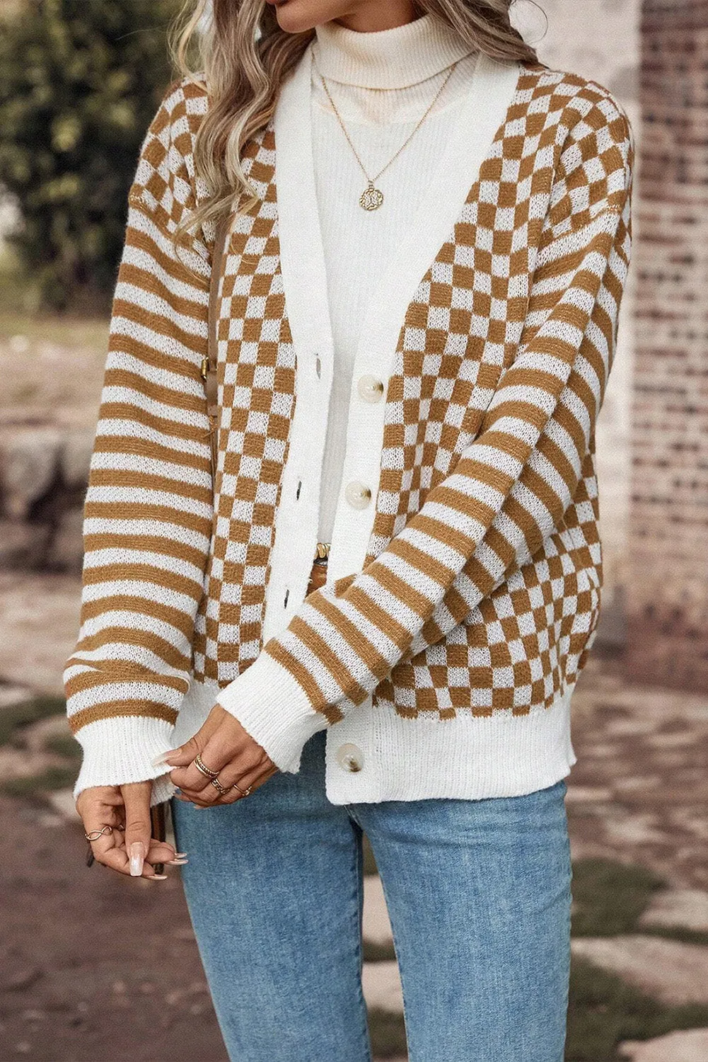 Checkered Striped Patched Buttoned V Neck Cardigan