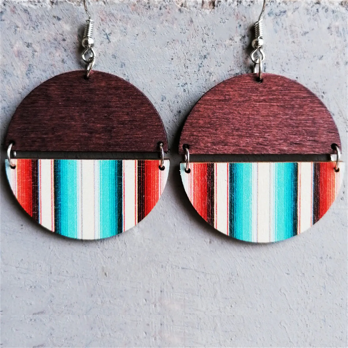 Cherry Wood & Blue Stripe Round Drop Earrings