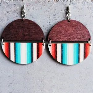 Cherry Wood & Blue Stripe Round Drop Earrings