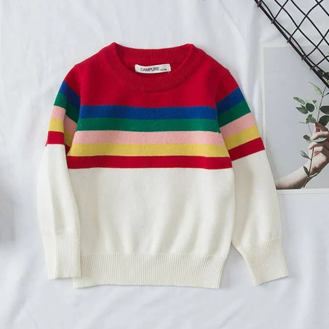 Children's Cartoon Print Knitted Long Sleeve Sweater - Blue, White, Navy, Striped