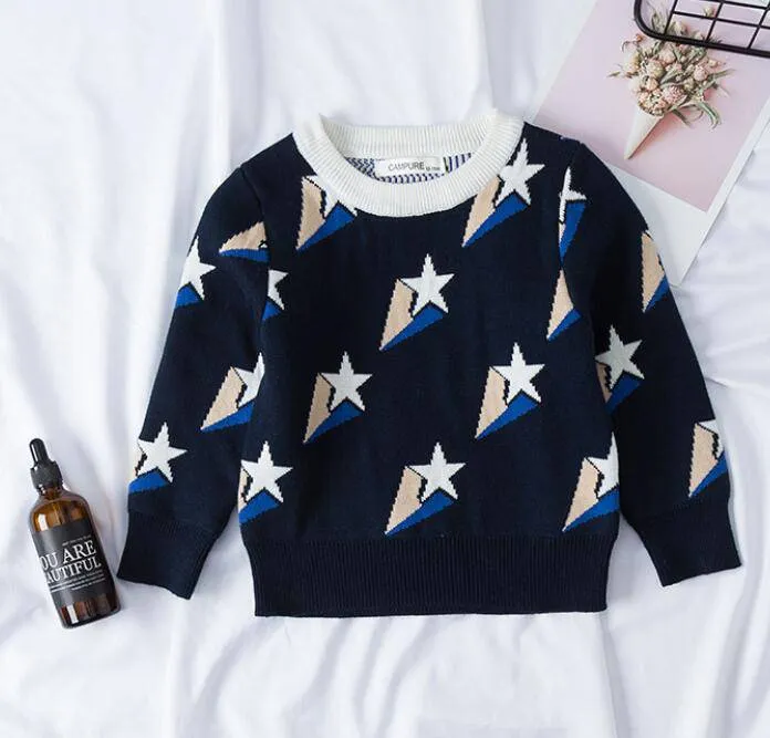 Children's Cartoon Print Knitted Long Sleeve Sweater - Blue, White, Navy, Striped