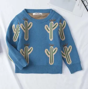 Children's Cartoon Print Knitted Long Sleeve Sweater - Blue, White, Navy, Striped