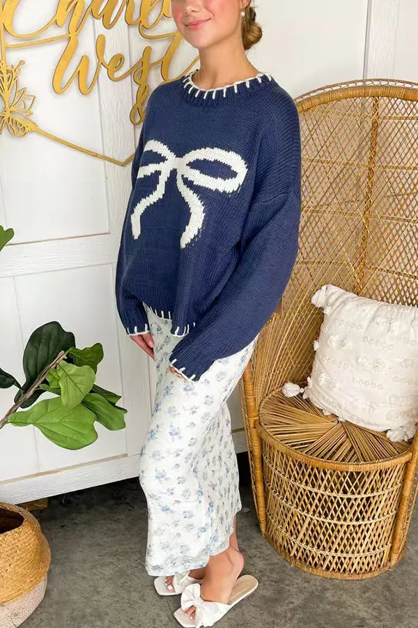 Christmas Bow Contrast Color Locked Edge Long Sleeve Knitted Sweater