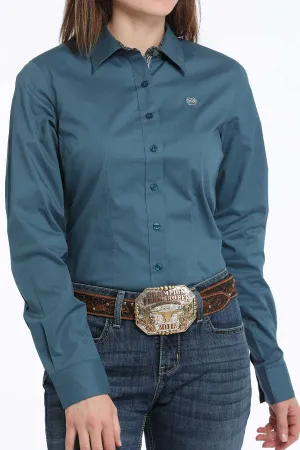 Cinch Women's Solid Teal Stretch Button-Down Blouse
