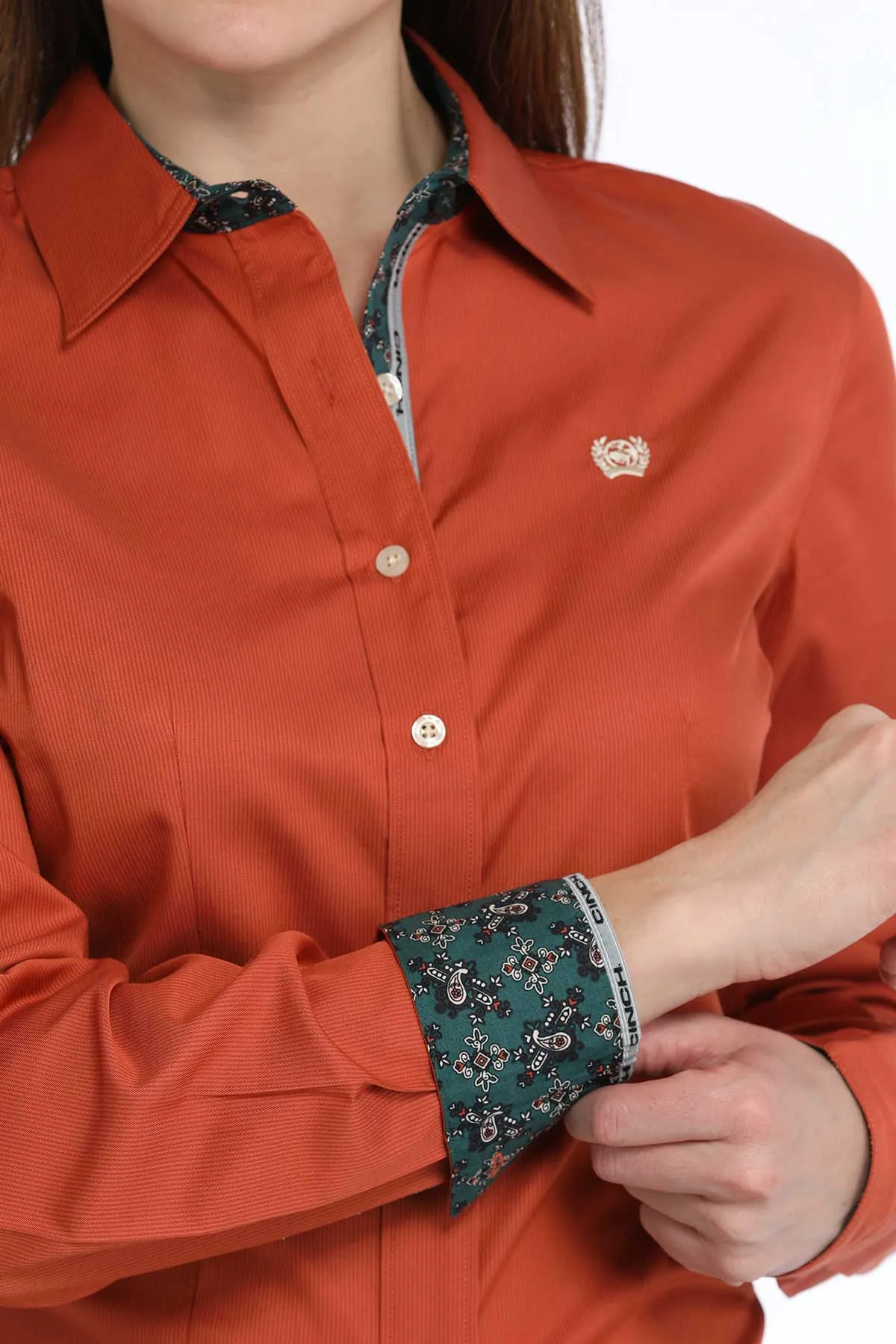 Cinch Women's TENCEL Orange Micro Stripe Button-Down Blouse