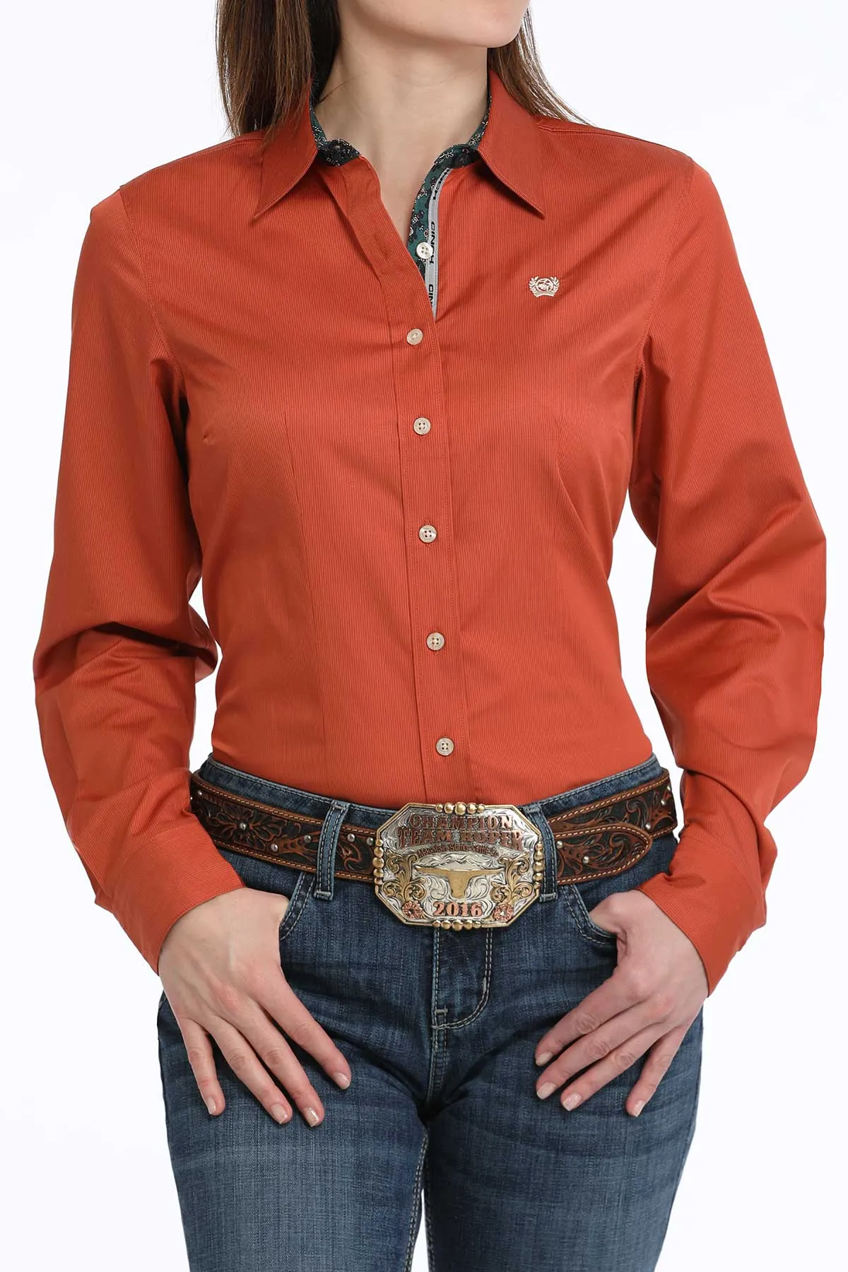 Cinch Women's TENCEL Orange Micro Stripe Button-Down Blouse