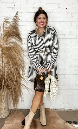 City Streets Black Striped Button Down Dress