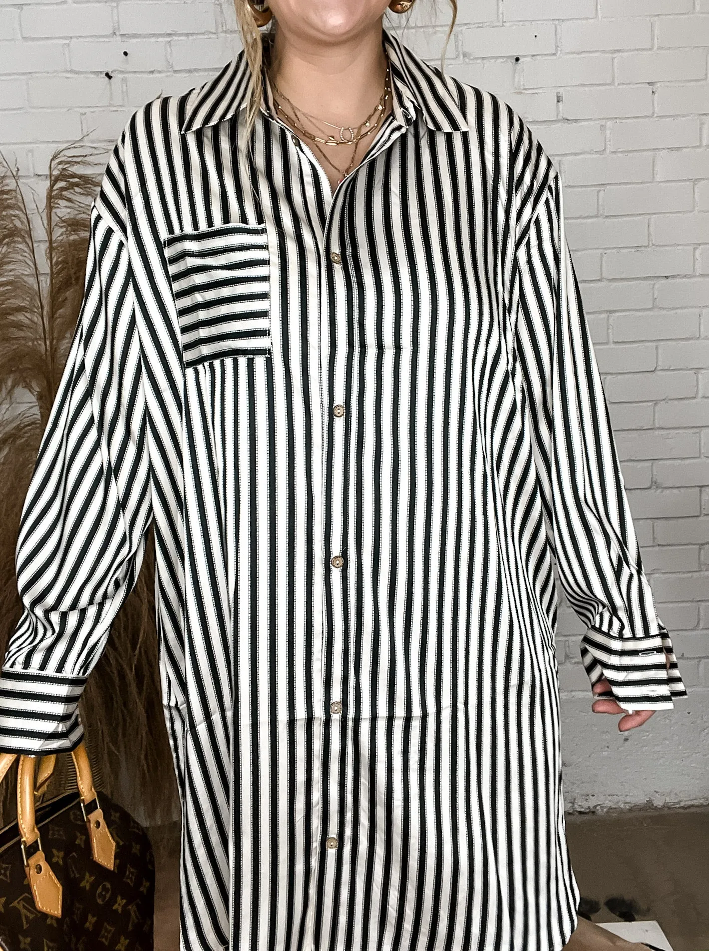 City Streets Black Striped Button Down Dress