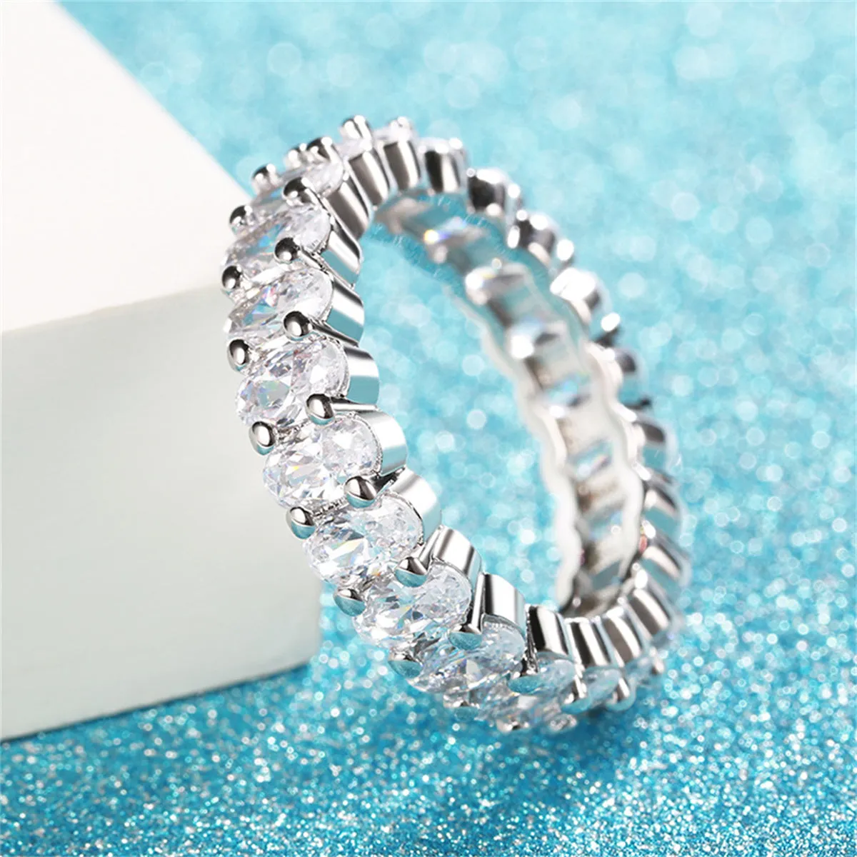 Clear Crystal & Silver-Plated Oval Band Ring