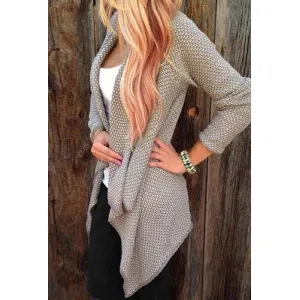 Collarless Long Sleeve Knitted Drape Front Cardigan - Khaki S
