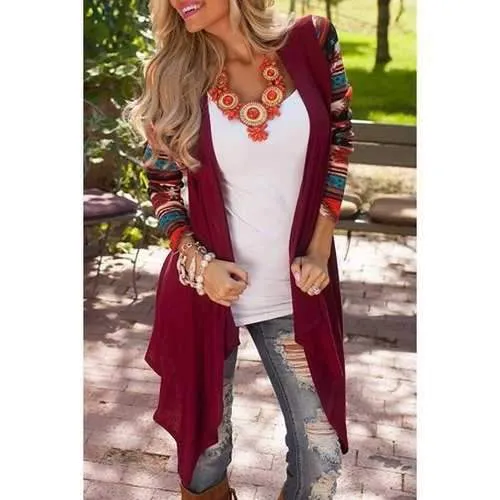 Color Block Printed Long Sleeve Cardigan - Red Xl
