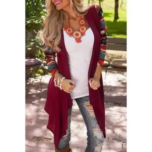 Color Block Printed Long Sleeve Cardigan - Red Xl