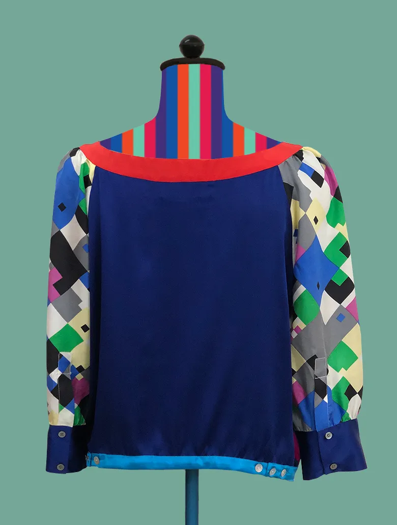 Color-Block Silk Blouse with Printed Sleeves