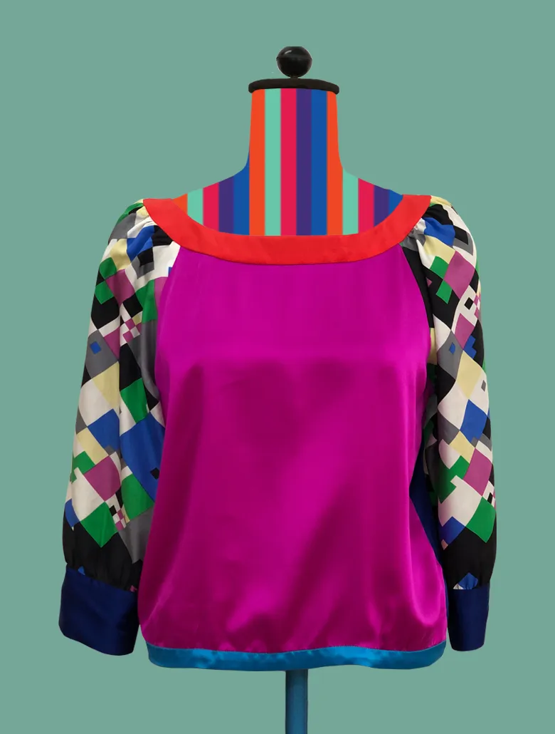 Color-Block Silk Blouse with Printed Sleeves