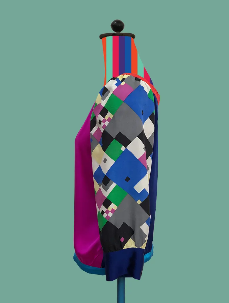 Color-Block Silk Blouse with Printed Sleeves