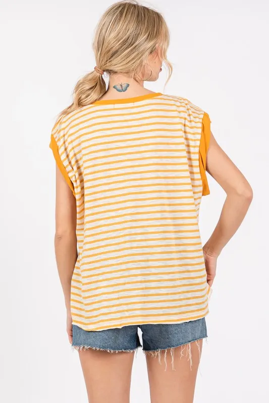 Contrast Striped Knit Twisted Sleeve Top