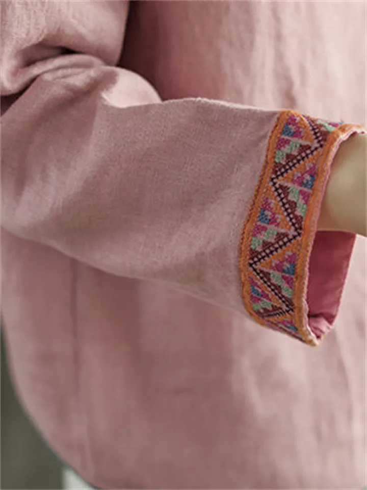 Cotton Linen Long Sleeve Stitchwork Literary Women's Shirts