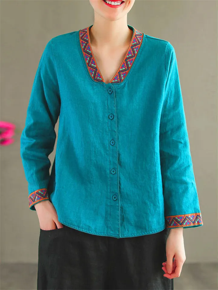 Cotton Linen Long Sleeve Stitchwork Literary Women's Shirts
