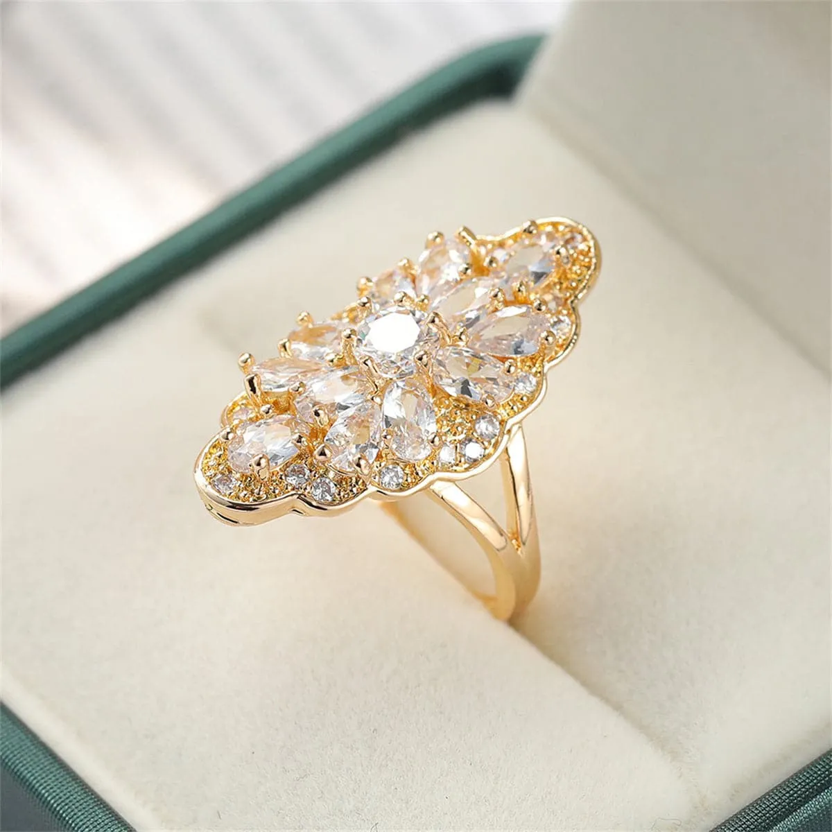 Crystal & 18K Gold-Plated Pear-Cut Pavé Statement Ring