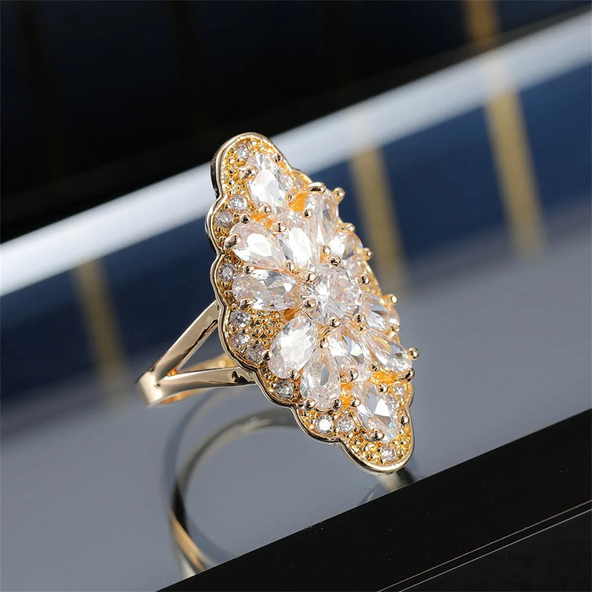Crystal & 18K Gold-Plated Pear-Cut Pavé Statement Ring