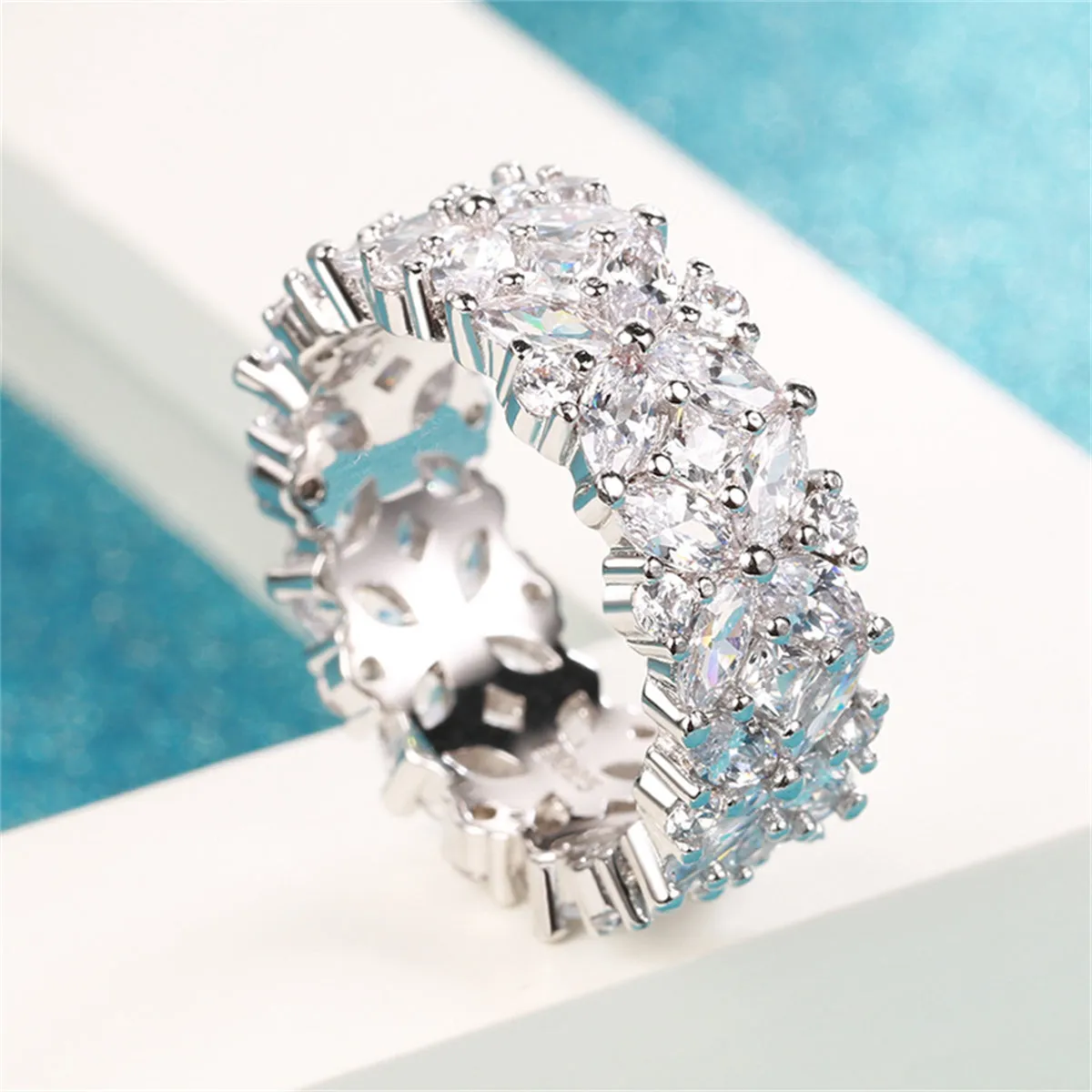 Crystal & Cubic Zirconia Silver-Plated Flower Band Ring