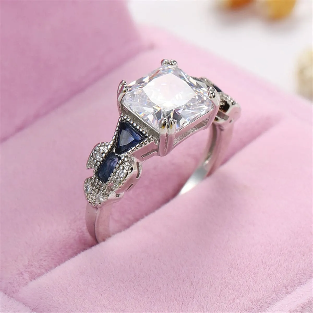Crystal & Silver-Plated Princess-Cut Prong-Set Ring