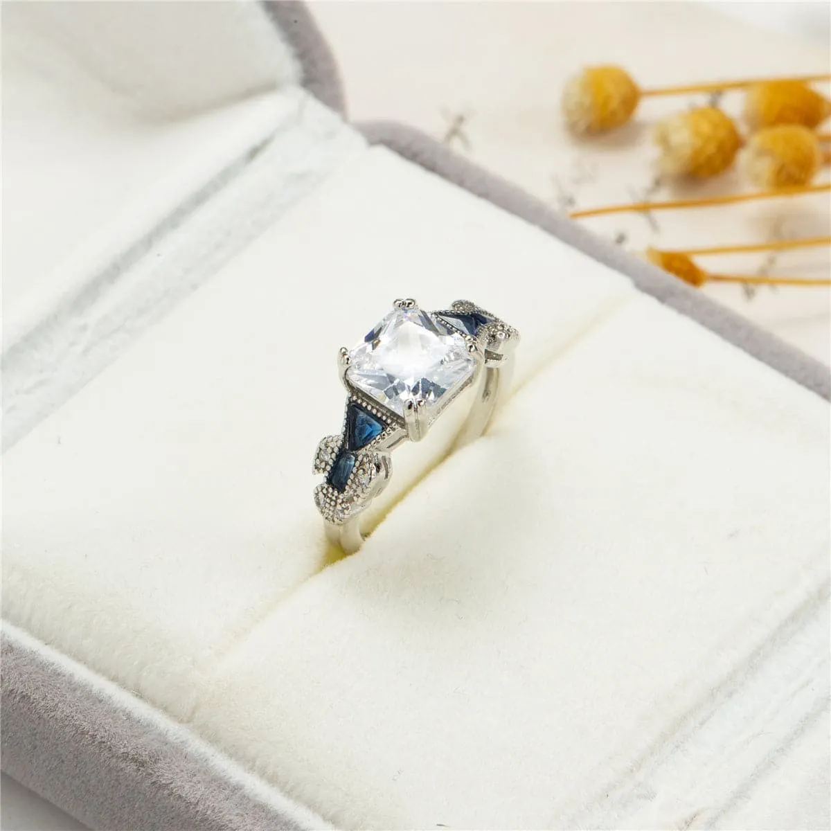 Crystal & Silver-Plated Princess-Cut Prong-Set Ring