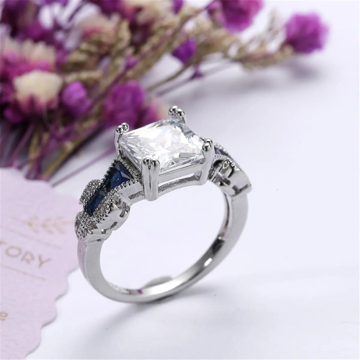 Crystal & Silver-Plated Princess-Cut Prong-Set Ring