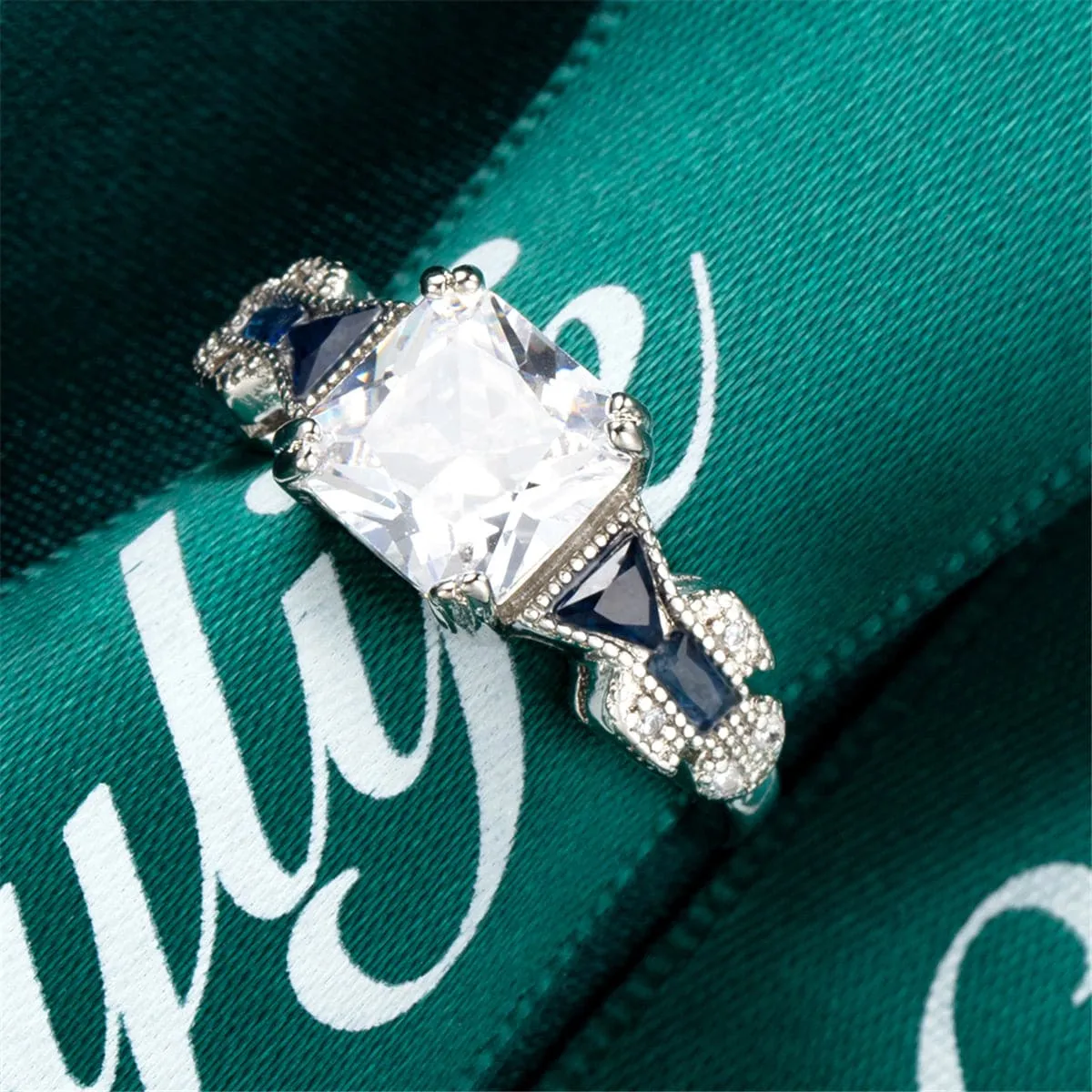 Crystal & Silver-Plated Princess-Cut Prong-Set Ring